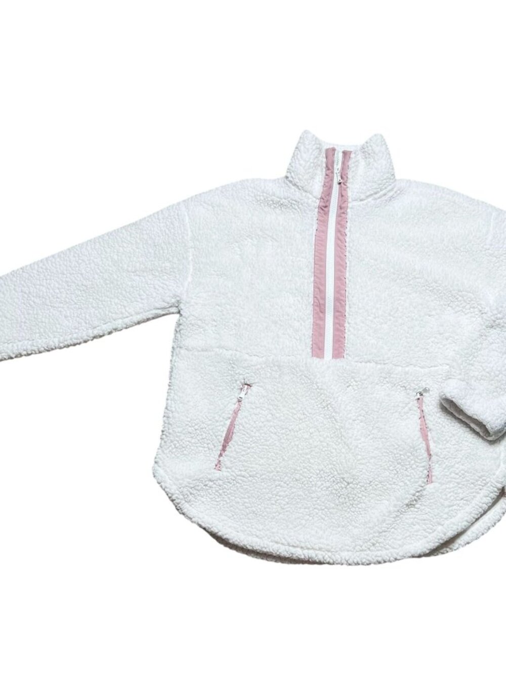 Lou & Grey Sherpa Pullover Half Zip Womens Size L Ivory Pink Cozy Teddy